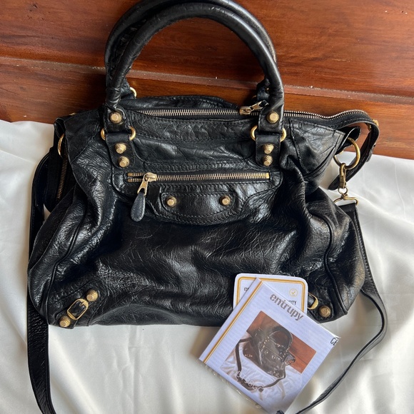 Balenciaga Black Leather Satchel with Gold Accents - Picture 1 of 16